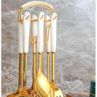 Gold Coated Stainless Steel Cooking Spoons With White Handle