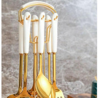 Gold Coated Stainless Steel Cooking Spoons With White Handle