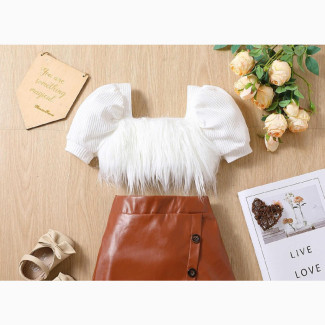 Girls Frilly Fur Top and Leather Skirt Set