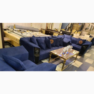 7 Seater Blue Versace Sofas with Throw Pillows