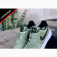 Nike Air Force 1 Sneakers, Olive Green Black Gold Swoosh