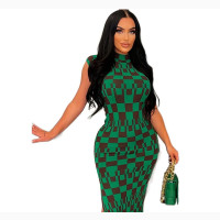 Random Print Plaid Sleeveless Dress Medium