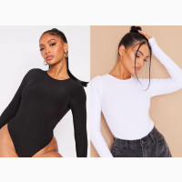 Crew Neck Long Sleeve Bodysuits - Black White