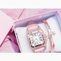 Womens Roman Leather Strap Watch + Bracelet