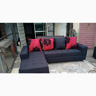 L-Shaped Sofa Chair With Pillows - Black Fabric Couch