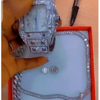 Iced Jewelry Set: Watch, Chain Pendant, Bracelet, Earring