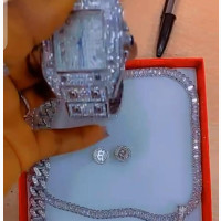 Iced Jewelry Set: Watch, Chain Pendant, Bracelet, Earring